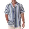 JEMITOP Men’s Classic Striped Seersucker Cuban Collar Shirt Short Sleeve Button Down Texture Shirts for Beach Vacation(Blue)