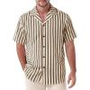 JEMITOP Men’s Classic Striped Seersucker Cuban Collar Shirt Short Sleeve Button Down Texture Shirts for Beach Vacation(Brown)