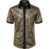 JEMITOP Men’s Shiny Metallic Sequin Stretchy Short Sleeve Button Down Shirts for 70s Disco Party Halloween(Black Gold)