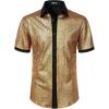 JEMITOP Men’s Shiny Metallic Sequin Stretchy Short Sleeve Button Down Shirts for 70s Disco Party Halloween(Gold)