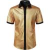 JEMITOP Men’s Shiny Metallic Sequin Stretchy Short Sleeve Button Down Shirts for 70s Disco Party Halloween(Solid Gold)