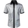 JEMITOP Men’s Shiny Metallic Sequin Stretchy Short Sleeve Button Down Shirts for 70s Disco Party Halloween(Solid Silver)