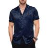 JEMITOP Mens Shiny Satin Silk-Like Designer Shirt Summer Regular Fit Short Sleeve Button Up Floral Shirt with Pocket(Navy Blue)