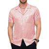 JEMITOP Mens Shiny Satin Silk-Like Designer Shirt Summer Regular Fit Short Sleeve Button Up Floral Shirt with Pocket(Pink)