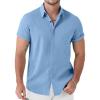 JEMITOP Men’s Stretch Linen-Like Short Sleeve Button Down Shirts Summer Casual Beach Vacation Wedding Texture Shirt(Light Blue)