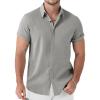 JEMITOP Men’s Stretch Linen-Like Short Sleeve Button Down Shirts Summer Casual Beach Vacation Wedding Texture Shirt(Light Grey)