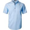 JEMITOP Men’s Summer Lightweight Cotton Linen Shirts Casual Short Sleeve Breathable Banded Collar Henley for Beach Vacation(Blue)