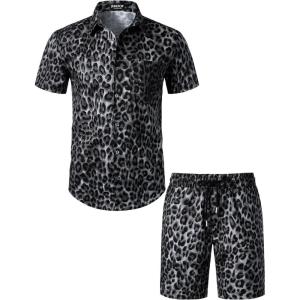 JEMITOP Men’s 2 Piece Casual Cotton Stretchy Outfit Short Sleeve Button up Shirt and Shorts Set(Black Leopard)