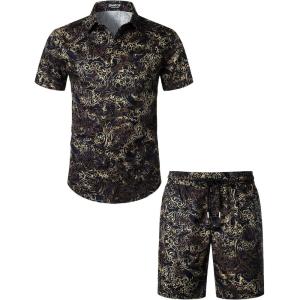 JEMITOP Men’s 2 Piece Casual Cotton Stretchy Outfit Short Sleeve Button up Shirt and Shorts Set(Navy)