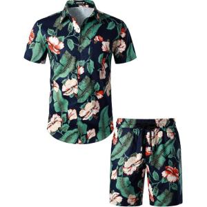 JEMITOP Men’s 2 Piece Casual Cotton Stretchy Outfit Short Sleeve Button up Shirt and Shorts Set(Navygreen)