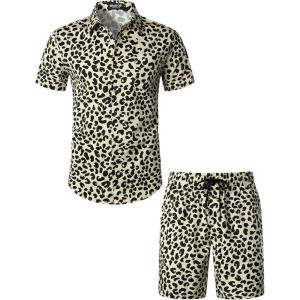 JEMITOP Men’s 2 Piece Casual Cotton Stretchy Outfit Short Sleeve Button up Shirt and Shorts Set(Sand Leopard)
