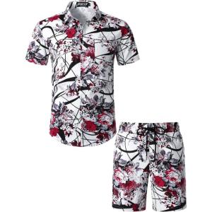JEMITOP Men’s 2 Piece Casual Cotton Stretchy Outfit Short Sleeve Button up Shirt and Shorts Set(White Floral)