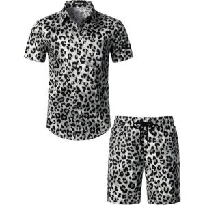 JEMITOP Men’s 2 Piece Casual Cotton Stretchy Outfit Short Sleeve Button up Shirt and Shorts Set(White Leopard)