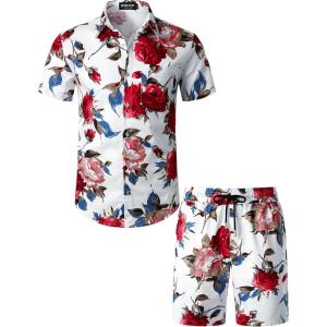 JEMITOP Men’s 2 Piece Casual Cotton Stretchy Outfit Short Sleeve Button up Shirt and Shorts Set(Whiterose)