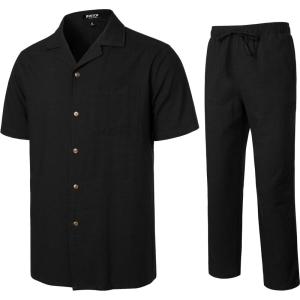 JEMITOP Men’s 2 Piece Outfits Summer Relaxed Fit Walking Suit Casual Cuban Guayabera Shirt and Pants Set Beach Vacation(Black)