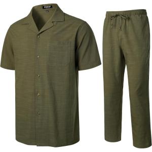 JEMITOP Men’s 2 Piece Outfits Summer Relaxed Fit Walking Suit Casual Cuban Guayabera Shirt and Pants Set Beach Vacation(Olive Green)