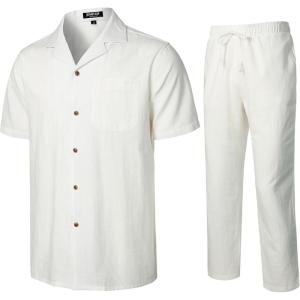 JEMITOP Men’s 2 Piece Outfits Summer Relaxed Fit Walking Suit Casual Cuban Guayabera Shirt and Pants Set Beach Vacation(White)