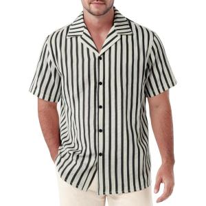 JEMITOP Men’s Classic Striped Seersucker Cuban Collar Shirt Short Sleeve Button Down Texture Shirts for Beach Vacation(Black)
