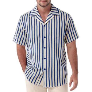 JEMITOP Men’s Classic Striped Seersucker Cuban Collar Shirt Short Sleeve Button Down Texture Shirts for Beach Vacation(Blue)