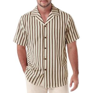 JEMITOP Men’s Classic Striped Seersucker Cuban Collar Shirt Short Sleeve Button Down Texture Shirts for Beach Vacation(Brown)