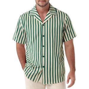 JEMITOP Men’s Classic Striped Seersucker Cuban Collar Shirt Short Sleeve Button Down Texture Shirts for Beach Vacation(Green)