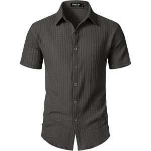 JEMITOP Men’s Knit Shirt Summer Casual Short Sleeve Button Down Shirt for Beach Vacation(Dark Grey)
