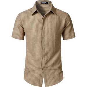 JEMITOP Men’s Knit Shirt Summer Casual Short Sleeve Button Down Shirt for Beach Vacation(Khaki)