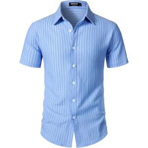 JEMITOP Men’s Knit Shirt Summer Casual Short Sleeve Button Down Shirt for Beach Vacation(Light Blue)