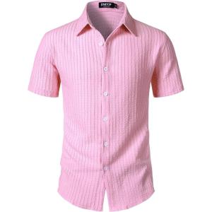 JEMITOP Men’s Knit Shirt Summer Casual Short Sleeve Button Down Shirt for Beach Vacation(Pink)