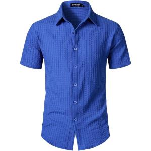 JEMITOP Men’s Knit Shirt Summer Casual Short Sleeve Button Down Shirt for Beach Vacation(Royal Blue)