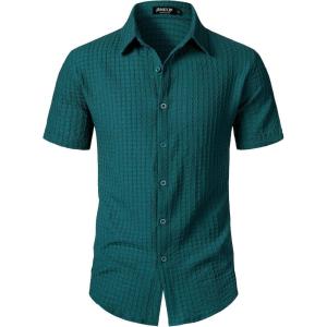 JEMITOP Men’s Knit Shirt Summer Casual Short Sleeve Button Down Shirt for Beach Vacation(Teal)