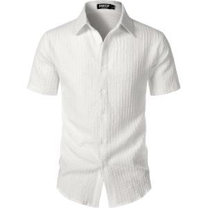 JEMITOP Men’s Knit Shirt Summer Casual Short Sleeve Button Down Shirt for Beach Vacation(White)
