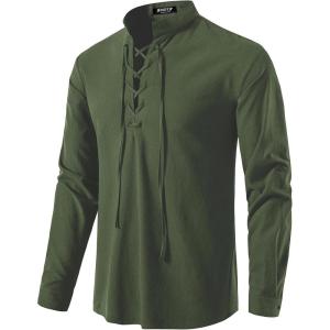 JEMITOP Men’s Pure Cotton Retro Lace Up Shirts for Renaissance Pirate Medieval Viking(Army Green)