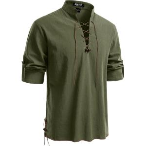 JEMITOP Men’s Pure Cotton Retro Lace Up Shirts for Renaissance Pirate Medieval Viking(Army Green Retro)