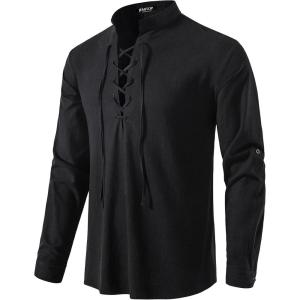 JEMITOP Men’s Pure Cotton Retro Lace Up Shirts for Renaissance Pirate Medieval Viking(Black)