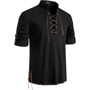 JEMITOP Men’s Pure Cotton Retro Lace Up Shirts for Renaissance Pirate Medieval Viking(Black-d)