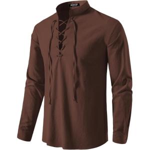 JEMITOP Men’s Pure Cotton Retro Lace Up Shirts for Renaissance Pirate Medieval Viking(Brown)