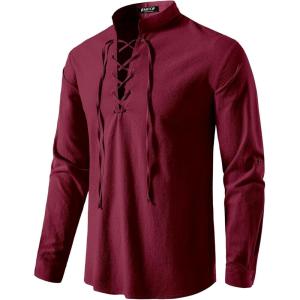 JEMITOP Men’s Pure Cotton Retro Lace Up Shirts for Renaissance Pirate Medieval Viking(Burgundy)