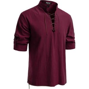 JEMITOP Men’s Pure Cotton Retro Lace Up Shirts for Renaissance Pirate Medieval Viking(Burgundy Retro)