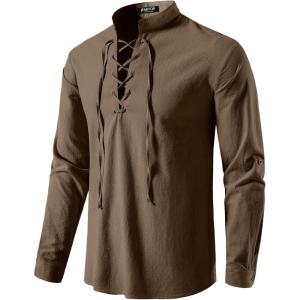 JEMITOP Men’s Pure Cotton Retro Lace Up Shirts for Renaissance Pirate Medieval Viking(Coffee)