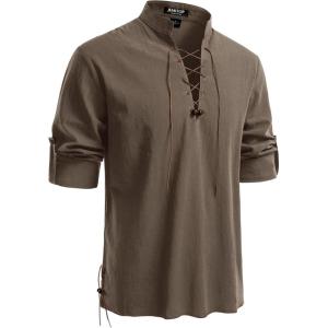 JEMITOP Men’s Pure Cotton Retro Lace Up Shirts for Renaissance Pirate Medieval Viking(Coffee Retro)
