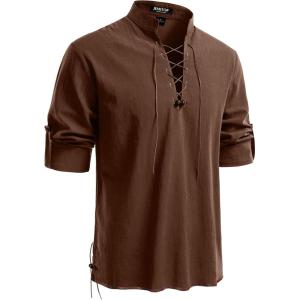 JEMITOP Men’s Pure Cotton Retro Lace Up Shirts for Renaissance Pirate Medieval Viking(Dark Brown)