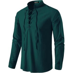 JEMITOP Men’s Pure Cotton Retro Lace Up Shirts for Renaissance Pirate Medieval Viking(Dark Green)