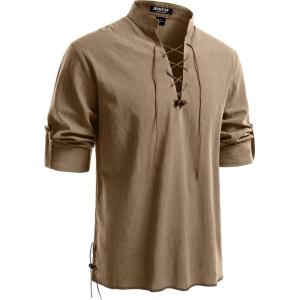 JEMITOP Men’s Pure Cotton Retro Lace Up Shirts for Renaissance Pirate Medieval Viking(Dark Khaki)