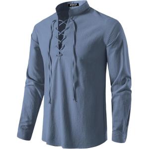 JEMITOP Men’s Pure Cotton Retro Lace Up Shirts for Renaissance Pirate Medieval Viking(Indigo Blue)