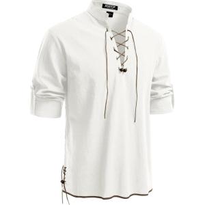 JEMITOP Men’s Pure Cotton Retro Lace Up Shirts for Renaissance Pirate Medieval Viking(Ivory White)