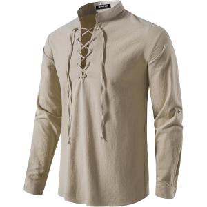 JEMITOP Men’s Pure Cotton Retro Lace Up Shirts for Renaissance Pirate Medieval Viking(Khaki)