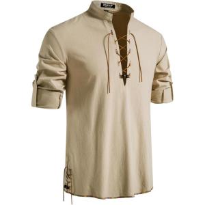JEMITOP Men’s Pure Cotton Retro Lace Up Shirts for Renaissance Pirate Medieval Viking(Khaki-d)