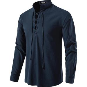 JEMITOP Men’s Pure Cotton Retro Lace Up Shirts for Renaissance Pirate Medieval Viking(Navy Blue)