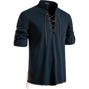 JEMITOP Men’s Pure Cotton Retro Lace Up Shirts for Renaissance Pirate Medieval Viking(Navy Blue-d)